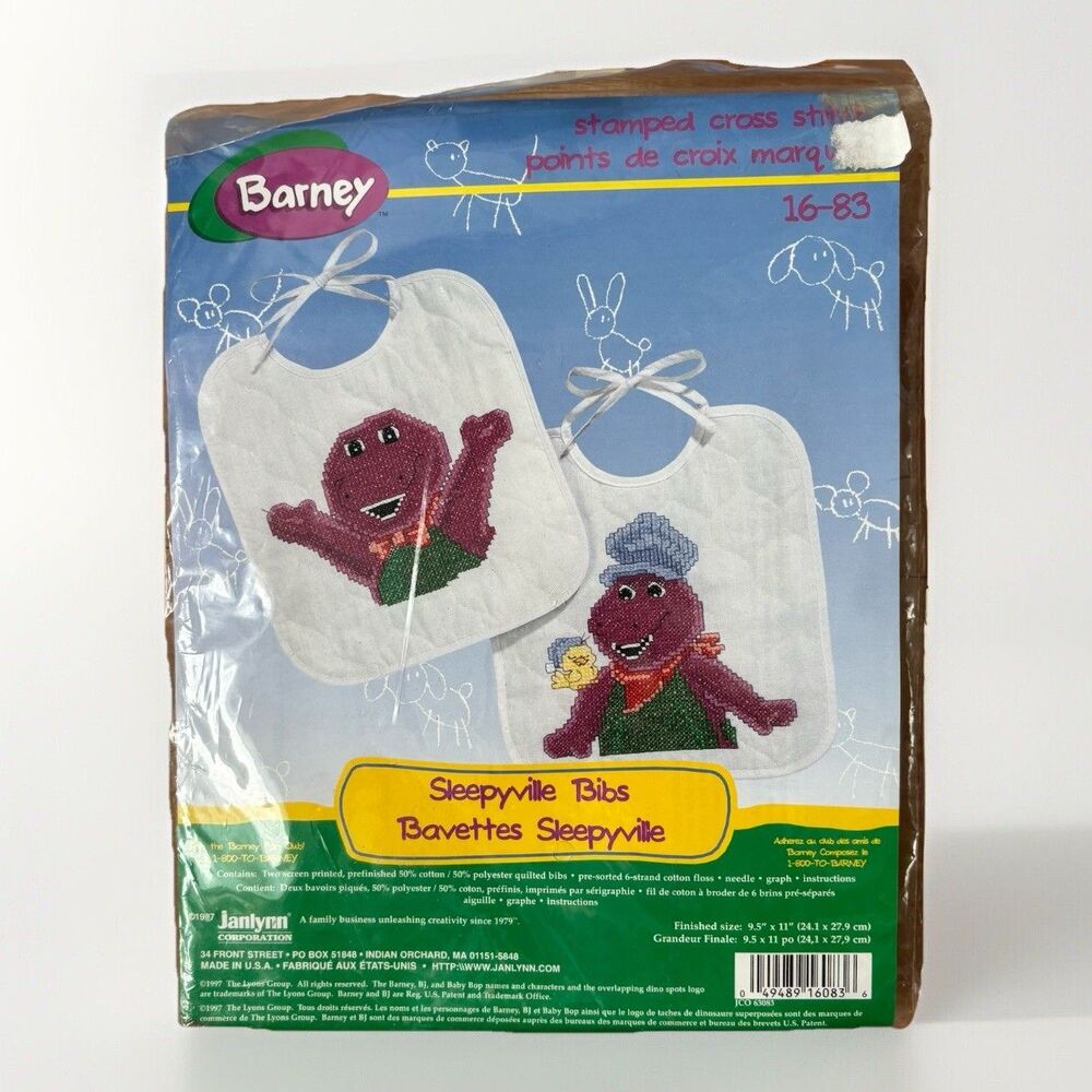 Vintage Barney Bibs Crossstitch Sleepyville Bibs 1990s DIY Cross Stitch